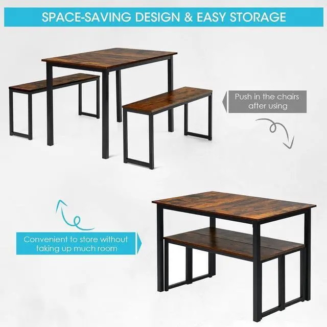 Alt view image 6 of 7 - COSTWAY 3 PCS Dining Table Set for 4, Rectangular Kitchen Table with 2 Benches, Industrial Counter Height Table Set with Anti-Slip Pads, Heavy Duty Steel Frame for Dining Room, Kitchen, Bar (Coffee)