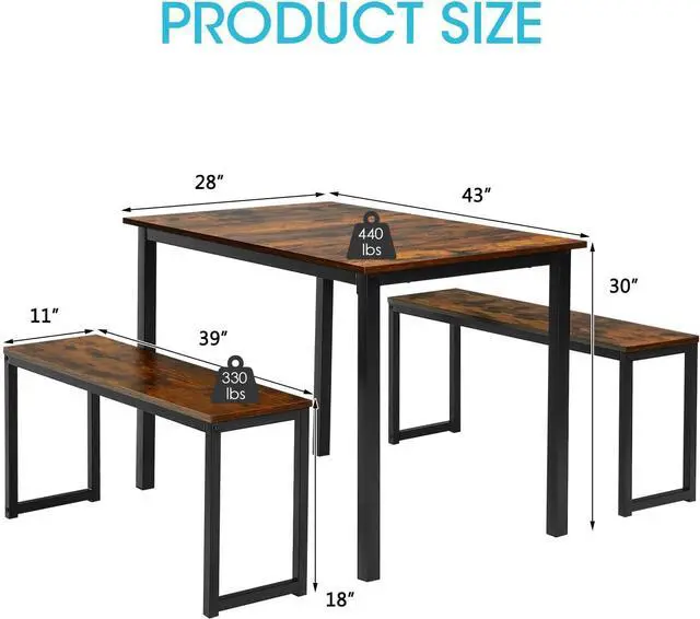 Alt view image 7 of 7 - COSTWAY 3 PCS Dining Table Set for 4, Rectangular Kitchen Table with 2 Benches, Industrial Counter Height Table Set with Anti-Slip Pads, Heavy Duty Steel Frame for Dining Room, Kitchen, Bar (Coffee)