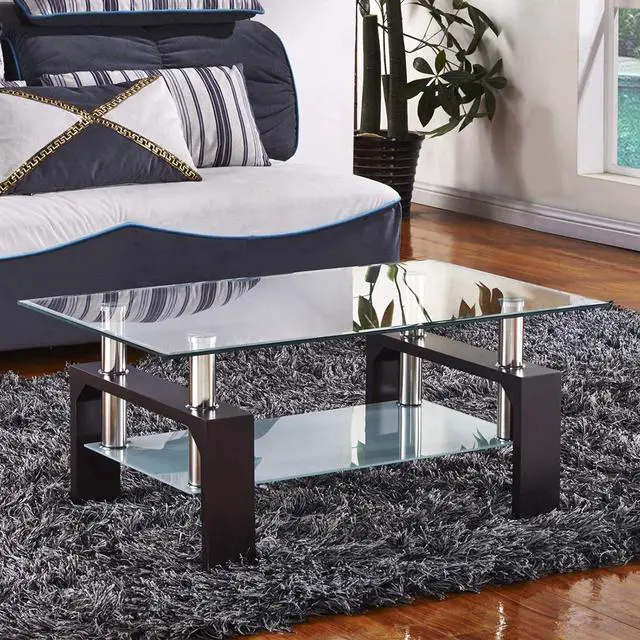 Alt view image 2 of 7 - Rectangle Glass Coffee Table-Walnut Modern Side Coffee Table with Lower Shelf, Metal Legs-Suit for Living Room