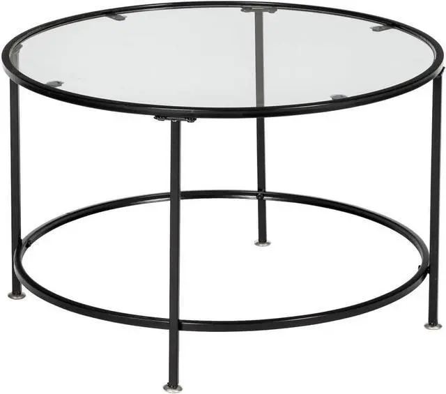 Alt view image 5 of 7 - Round Coffee Table, Glass Table with Black Iron Frame, Living Room Table, Sofa Table, Robust Tempered Glass, Stable, 2 Layers 5mm Thick