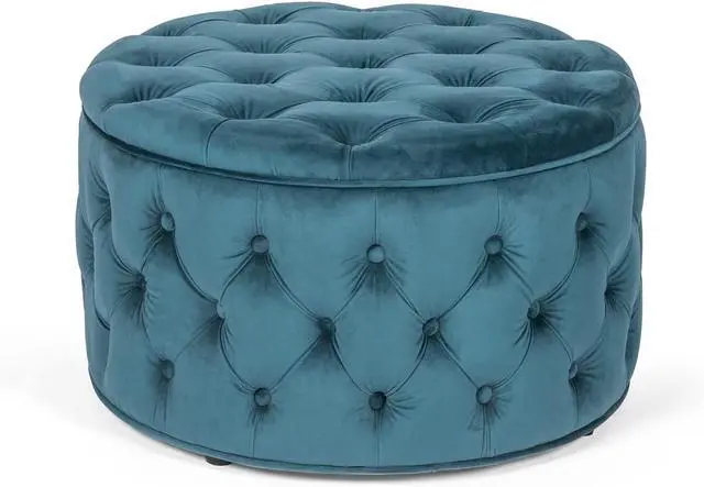 Main image of Joveco Round Storage Ottoman, Button Tufted Upholstered Ottoman with Removable Top, Storage Bench Coffee Table Footrest Stool for Living Room Bedroom Entryway (Blue)