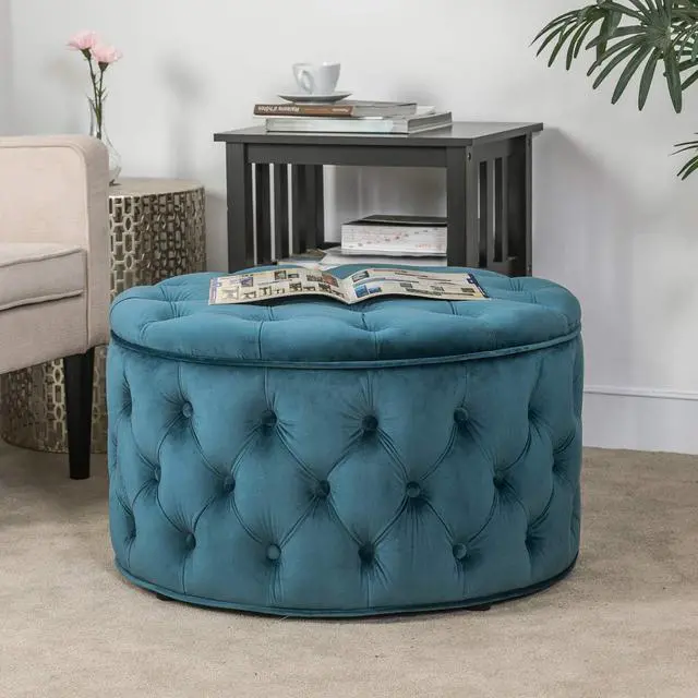 Alt view image 2 of 7 - Joveco Round Storage Ottoman, Button Tufted Upholstered Ottoman with Removable Top, Storage Bench Coffee Table Footrest Stool for Living Room Bedroom Entryway (Blue)