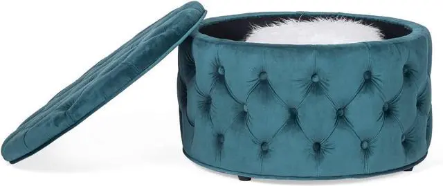 Alt view image 4 of 7 - Joveco Round Storage Ottoman, Button Tufted Upholstered Ottoman with Removable Top, Storage Bench Coffee Table Footrest Stool for Living Room Bedroom Entryway (Blue)