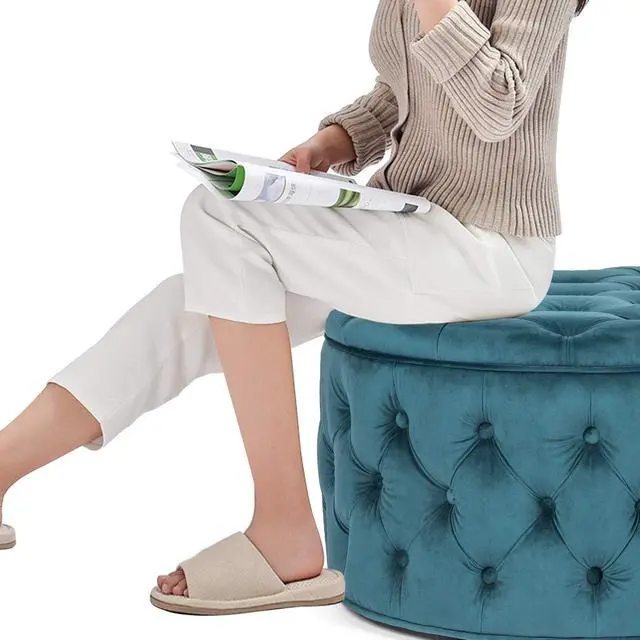 Alt view image 5 of 7 - Joveco Round Storage Ottoman, Button Tufted Upholstered Ottoman with Removable Top, Storage Bench Coffee Table Footrest Stool for Living Room Bedroom Entryway (Blue)