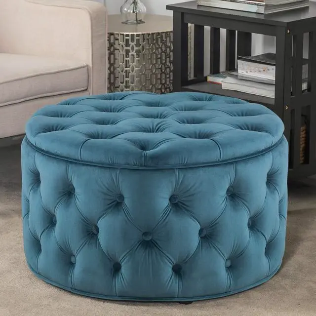 Alt view image 6 of 7 - Joveco Round Storage Ottoman, Button Tufted Upholstered Ottoman with Removable Top, Storage Bench Coffee Table Footrest Stool for Living Room Bedroom Entryway (Blue)