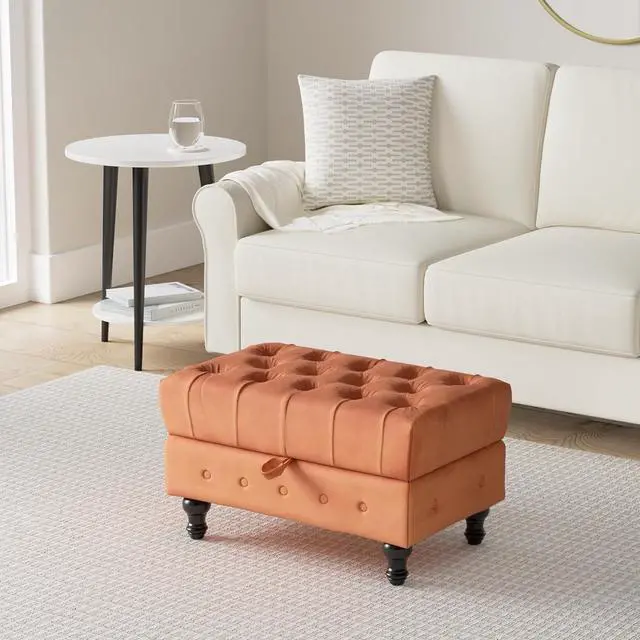Alt view image 2 of 7 - Artechworks Rectangular Storage Coffee Table Ottoman,Button Tufted Velet Upholstery Footstool Bedroom Ottoman for Living Room, Home Office, Space-Saving Storage Toy Box Stool, Caramel