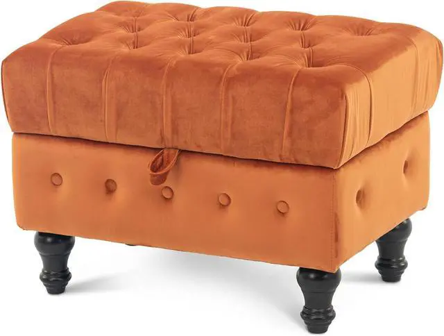 Alt view image 4 of 7 - Artechworks Rectangular Storage Coffee Table Ottoman,Button Tufted Velet Upholstery Footstool Bedroom Ottoman for Living Room, Home Office, Space-Saving Storage Toy Box Stool, Caramel