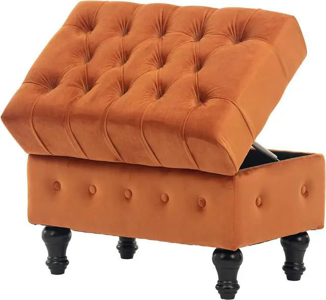 Alt view image 5 of 7 - Artechworks Rectangular Storage Coffee Table Ottoman,Button Tufted Velet Upholstery Footstool Bedroom Ottoman for Living Room, Home Office, Space-Saving Storage Toy Box Stool, Caramel