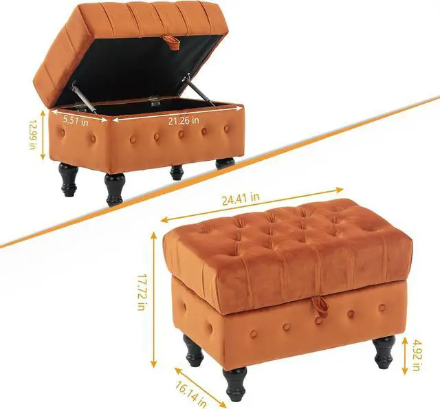 Alt view image 6 of 7 - Artechworks Rectangular Storage Coffee Table Ottoman,Button Tufted Velet Upholstery Footstool Bedroom Ottoman for Living Room, Home Office, Space-Saving Storage Toy Box Stool, Caramel