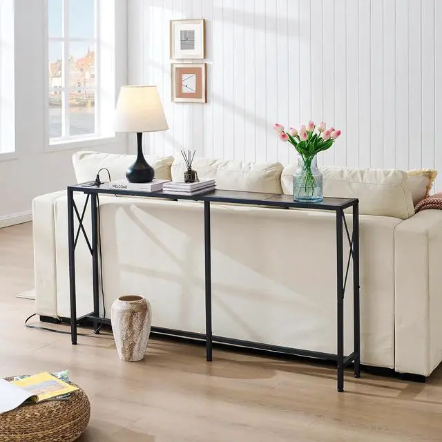 Alt view image 2 of 7 - Console Table with 2 AC Oulets & 2 USB Ports, 55.1" Narrow Sofa Table, Entryway Table, Industrial Sofa Table for Hallway, Living Room, Bedroom, Long Console Table, 6.5 Feet Power Cord