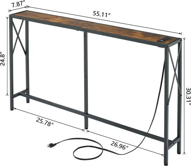 Alt view image 3 of 7 - Console Table with 2 AC Oulets & 2 USB Ports, 55.1" Narrow Sofa Table, Entryway Table, Industrial Sofa Table for Hallway, Living Room, Bedroom, Long Console Table, 6.5 Feet Power Cord