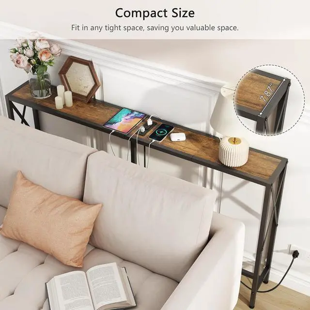 Alt view image 4 of 7 - Console Table with 2 AC Oulets & 2 USB Ports, 55.1" Narrow Sofa Table, Entryway Table, Industrial Sofa Table for Hallway, Living Room, Bedroom, Long Console Table, 6.5 Feet Power Cord