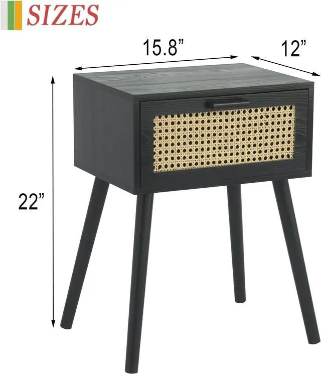 Alt view image 2 of 7 - AWASEN Mid Century Modern Nightstand, Rattan Side Table with Drawer, Black Bedside Table with Storage and Solid Wood Legs for Living Room, Bedroom and Small Space (Black)