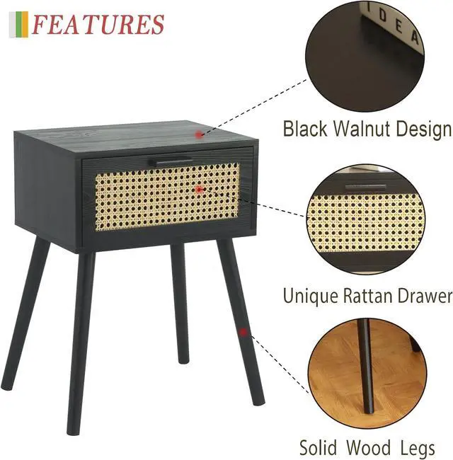 Alt view image 3 of 7 - AWASEN Mid Century Modern Nightstand, Rattan Side Table with Drawer, Black Bedside Table with Storage and Solid Wood Legs for Living Room, Bedroom and Small Space (Black)