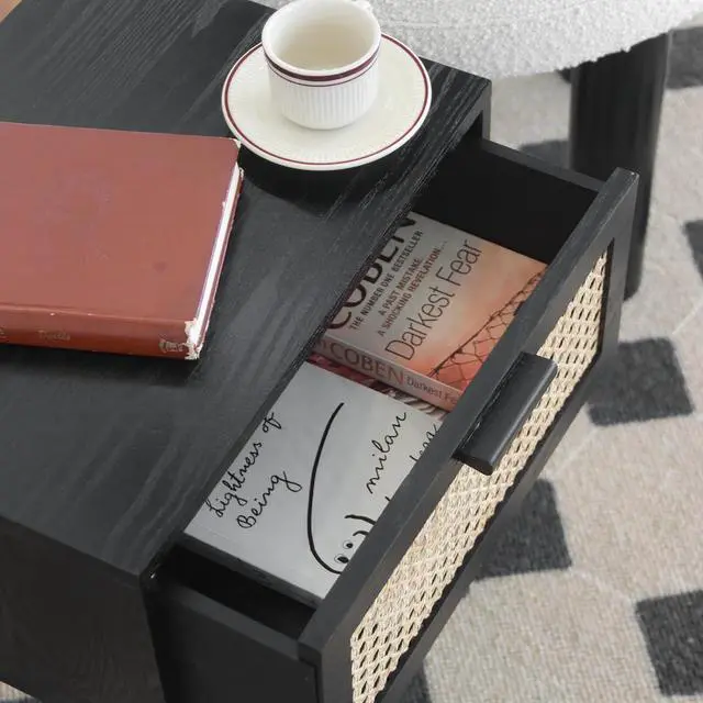 Alt view image 6 of 7 - AWASEN Mid Century Modern Nightstand, Rattan Side Table with Drawer, Black Bedside Table with Storage and Solid Wood Legs for Living Room, Bedroom and Small Space (Black)