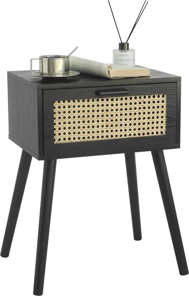 Alt view image 7 of 7 - AWASEN Mid Century Modern Nightstand, Rattan Side Table with Drawer, Black Bedside Table with Storage and Solid Wood Legs for Living Room, Bedroom and Small Space (Black)