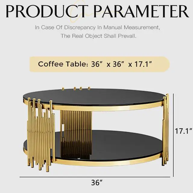 Alt view image 2 of 7 - Round Glass Coffee Table Modern Luxury Black Center Table Living Room Table, Gold Stainless Steel Irregular Leg Cocktail Table (Black, 36" Coffee Table)