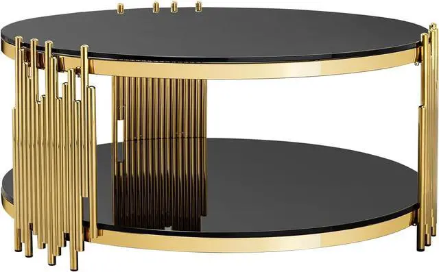 Alt view image 7 of 7 - Round Glass Coffee Table Modern Luxury Black Center Table Living Room Table, Gold Stainless Steel Irregular Leg Cocktail Table (Black, 36" Coffee Table)