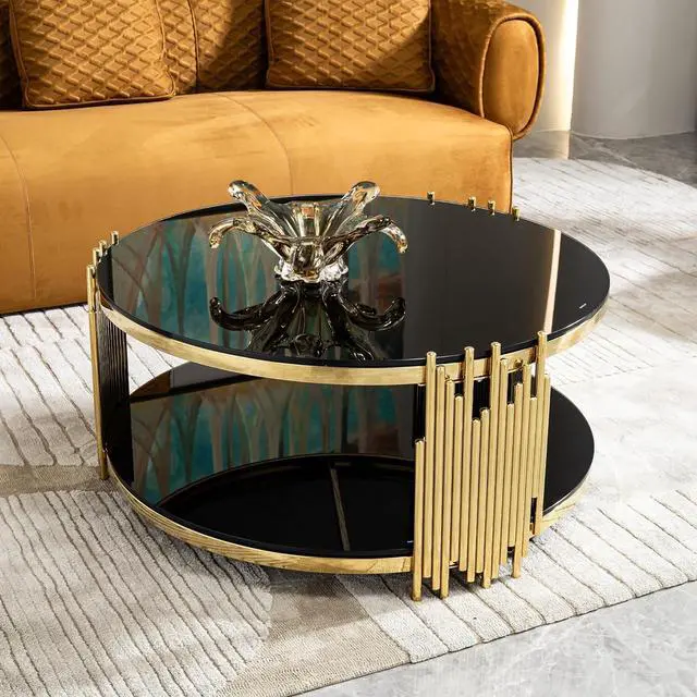 Alt view image 3 of 7 - Round Glass Coffee Table Modern Luxury Black Center Table Living Room Table, Gold Stainless Steel Irregular Leg Cocktail Table (Black, 36" Coffee Table)