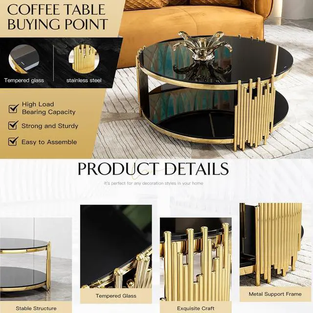 Alt view image 5 of 7 - Round Glass Coffee Table Modern Luxury Black Center Table Living Room Table, Gold Stainless Steel Irregular Leg Cocktail Table (Black, 36" Coffee Table)
