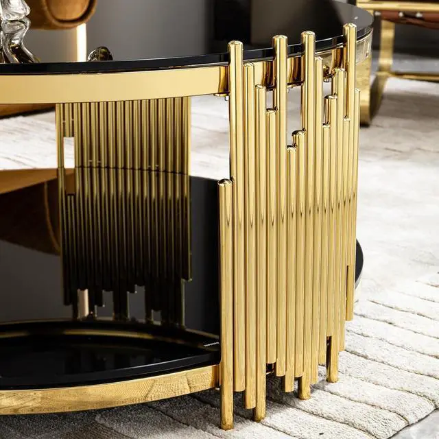 Alt view image 6 of 7 - Round Glass Coffee Table Modern Luxury Black Center Table Living Room Table, Gold Stainless Steel Irregular Leg Cocktail Table (Black, 36" Coffee Table)
