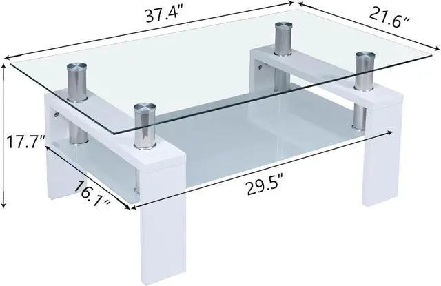 Alt view image 2 of 7 - Rectangle Tempered Glass Coffee Table, 2-Tier Tea Table Modern Side Coffee Table with Lower Shelf & Wooden Legs, Center Coffee Table for Living Room, Reception Room, Office, Store, White