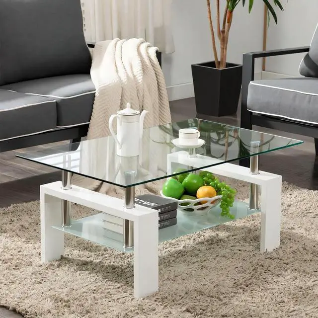Alt view image 5 of 7 - Rectangle Tempered Glass Coffee Table, 2-Tier Tea Table Modern Side Coffee Table with Lower Shelf & Wooden Legs, Center Coffee Table for Living Room, Reception Room, Office, Store, White
