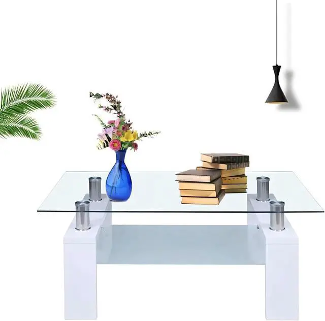 Alt view image 7 of 7 - Rectangle Tempered Glass Coffee Table, 2-Tier Tea Table Modern Side Coffee Table with Lower Shelf & Wooden Legs, Center Coffee Table for Living Room, Reception Room, Office, Store, White