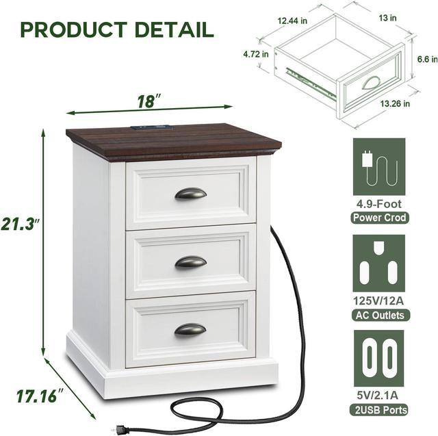 Alt view image 2 of 6 - 21" Tall Nightstand with 3 Drawers, Farmhouse 18" Wide End Table with Charging Station, Wood Rustic Side Table, Small Dresser Chest of Drawers for Bedroom, Living Room, Closet, White
