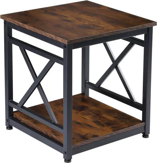 Main image of Industrial End Table Side Table with 2-Tier Storage Shelf, 18'' Square Nightstand Bedside Table X-Design Metal Frame for Living Room Bedroom, Rustic Brown