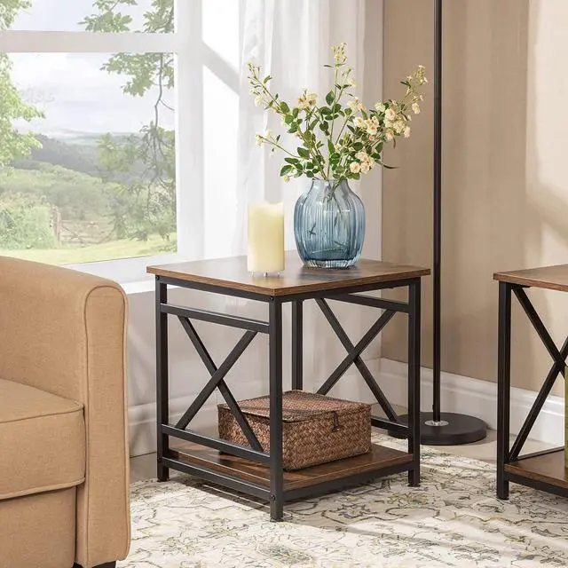 Alt view image 2 of 7 - Industrial End Table Side Table with 2-Tier Storage Shelf, 18'' Square Nightstand Bedside Table X-Design Metal Frame for Living Room Bedroom, Rustic Brown