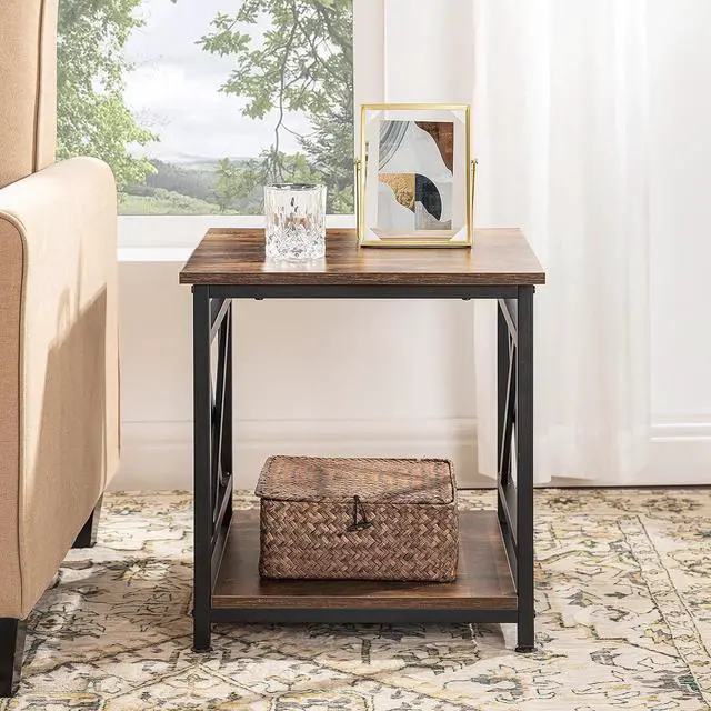 Alt view image 6 of 7 - Industrial End Table Side Table with 2-Tier Storage Shelf, 18'' Square Nightstand Bedside Table X-Design Metal Frame for Living Room Bedroom, Rustic Brown