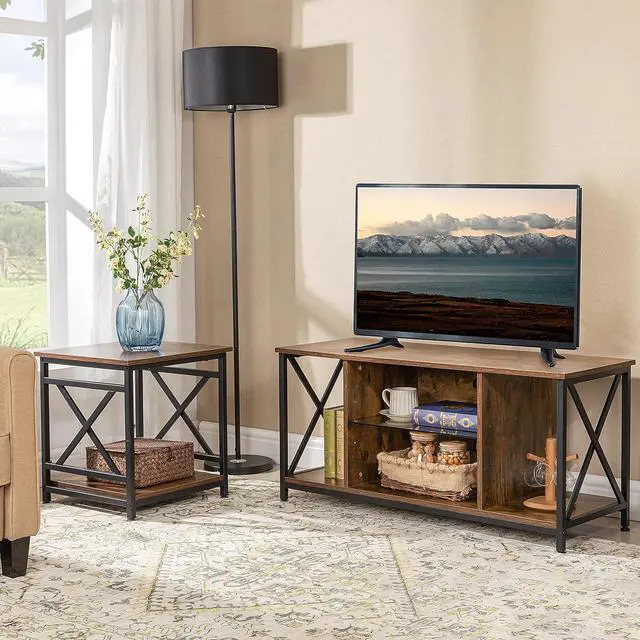 Alt view image 7 of 7 - Industrial End Table Side Table with 2-Tier Storage Shelf, 18'' Square Nightstand Bedside Table X-Design Metal Frame for Living Room Bedroom, Rustic Brown