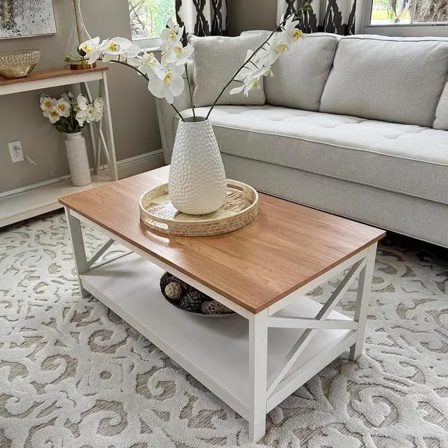 Main image of MAISON ARTS Farmhouse Coffee Table 39'', 2-Tier Coffee Table Set with Storage for Living Room, X-Frame Design Rustic Center Table, Easy Assembly, Ivory White