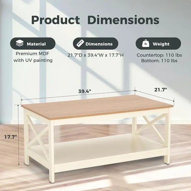 Alt view image 2 of 7 - MAISON ARTS Farmhouse Coffee Table 39'', 2-Tier Coffee Table Set with Storage for Living Room, X-Frame Design Rustic Center Table, Easy Assembly, Ivory White