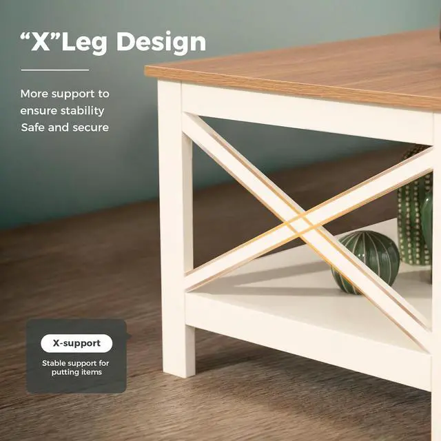 Alt view image 5 of 7 - MAISON ARTS Farmhouse Coffee Table 39'', 2-Tier Coffee Table Set with Storage for Living Room, X-Frame Design Rustic Center Table, Easy Assembly, Ivory White