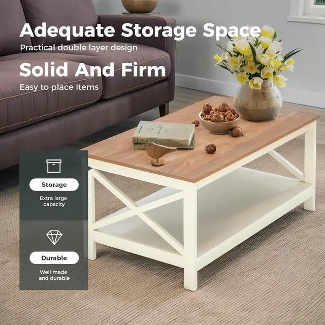 Alt view image 4 of 7 - MAISON ARTS Farmhouse Coffee Table 39'', 2-Tier Coffee Table Set with Storage for Living Room, X-Frame Design Rustic Center Table, Easy Assembly, Ivory White