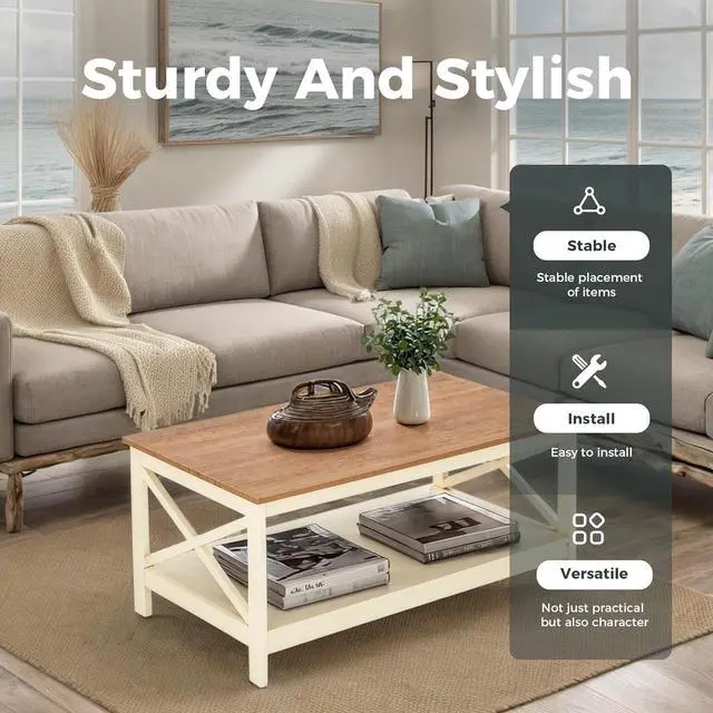 Alt view image 6 of 7 - MAISON ARTS Farmhouse Coffee Table 39'', 2-Tier Coffee Table Set with Storage for Living Room, X-Frame Design Rustic Center Table, Easy Assembly, Ivory White