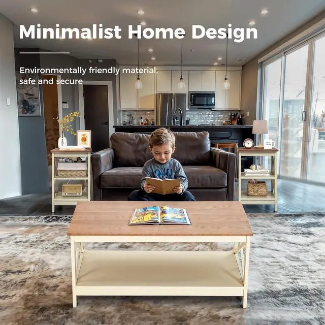 Alt view image 7 of 7 - MAISON ARTS Farmhouse Coffee Table 39'', 2-Tier Coffee Table Set with Storage for Living Room, X-Frame Design Rustic Center Table, Easy Assembly, Ivory White