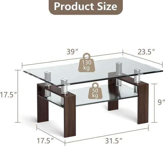 Alt view image 3 of 7 - NAFORT Glass Coffee Table for Living Room, 2-Tier Modern Rectangle Living Room Table Tea Table, Tempered Glass Top & Metal Legs Side Coffee Table with Storage Shelf