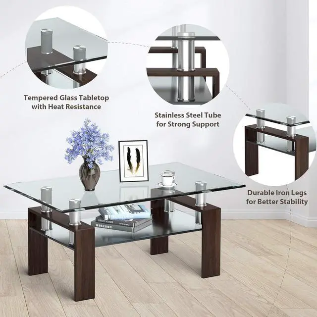 Alt view image 6 of 7 - NAFORT Glass Coffee Table for Living Room, 2-Tier Modern Rectangle Living Room Table Tea Table, Tempered Glass Top & Metal Legs Side Coffee Table with Storage Shelf