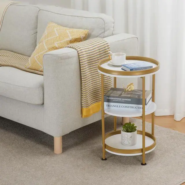 Alt view image 2 of 7 - Dulcii Side Table, Round End Table with 3 Shelves for Living Room, Bedroom, Nightstand with Steel Frame for Small Spaces, Industrial Round Sofa Table, Outdoor Accent Coffee Table (White & Gold)