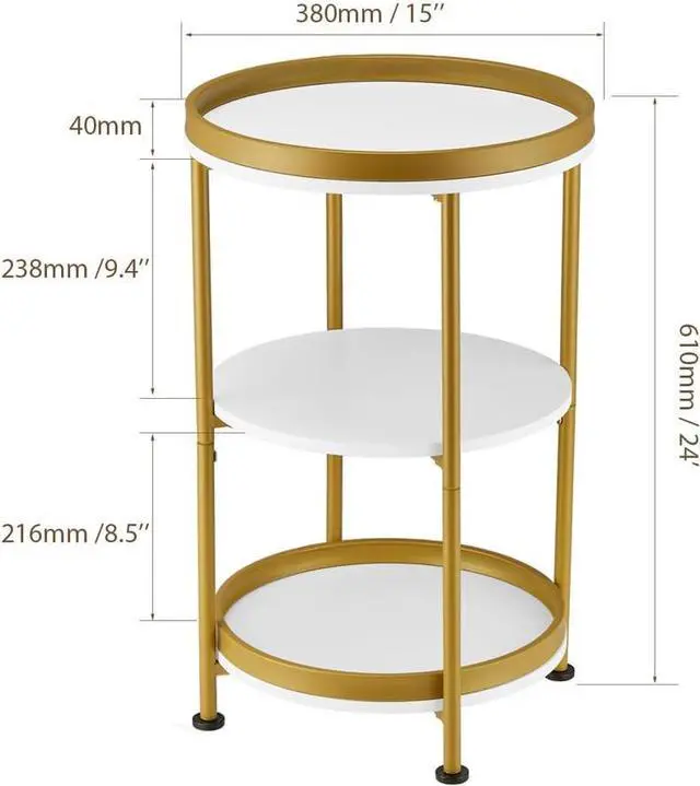 Alt view image 3 of 7 - Dulcii Side Table, Round End Table with 3 Shelves for Living Room, Bedroom, Nightstand with Steel Frame for Small Spaces, Industrial Round Sofa Table, Outdoor Accent Coffee Table (White & Gold)