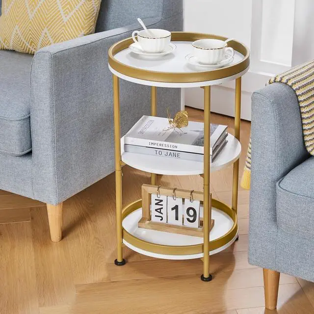 Alt view image 4 of 7 - Dulcii Side Table, Round End Table with 3 Shelves for Living Room, Bedroom, Nightstand with Steel Frame for Small Spaces, Industrial Round Sofa Table, Outdoor Accent Coffee Table (White & Gold)