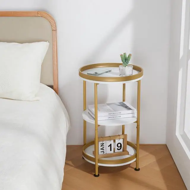 Alt view image 5 of 7 - Dulcii Side Table, Round End Table with 3 Shelves for Living Room, Bedroom, Nightstand with Steel Frame for Small Spaces, Industrial Round Sofa Table, Outdoor Accent Coffee Table (White & Gold)
