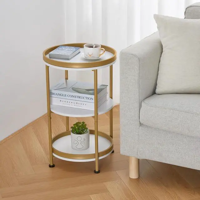 Alt view image 7 of 7 - Dulcii Side Table, Round End Table with 3 Shelves for Living Room, Bedroom, Nightstand with Steel Frame for Small Spaces, Industrial Round Sofa Table, Outdoor Accent Coffee Table (White & Gold)