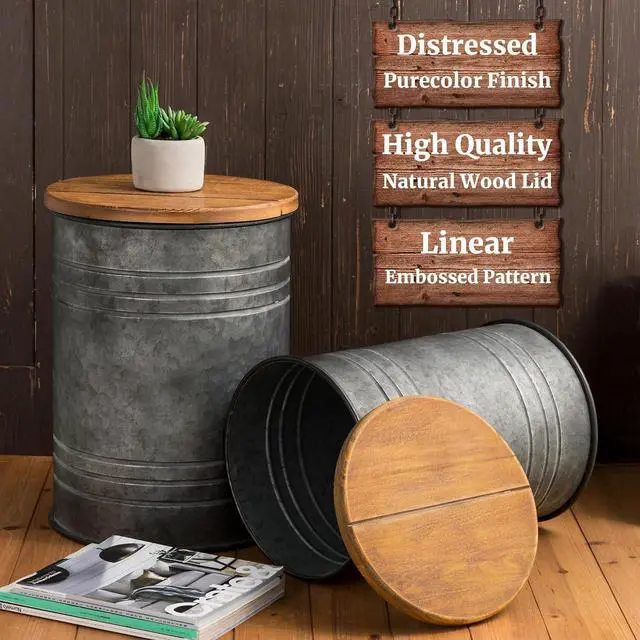 Alt view image 4 of 7 - Glitzhome Rustic End Table Set of 2, Farmhouse Galvanized Metal Barrel Ottoman Storage Stool with Round Wood Lid for Living Room Furniture, Grey