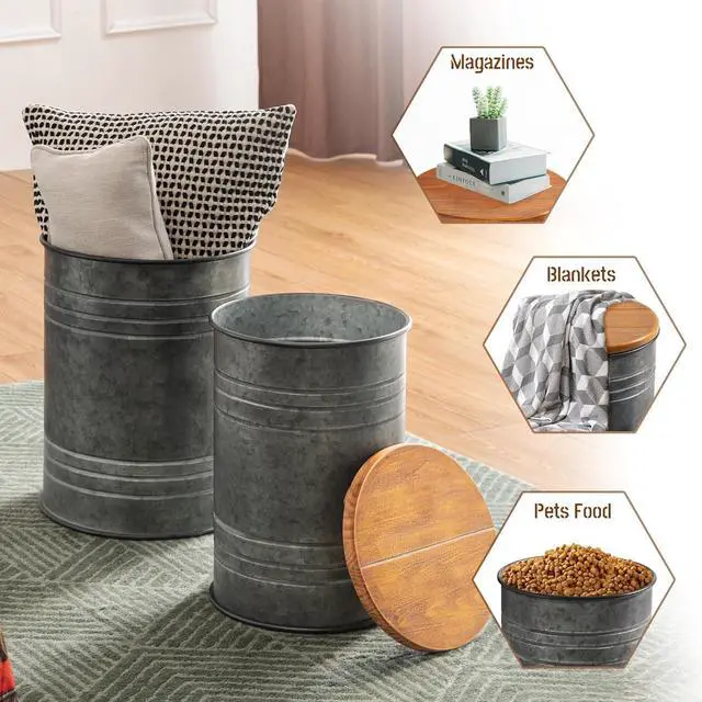 Alt view image 5 of 7 - Glitzhome Rustic End Table Set of 2, Farmhouse Galvanized Metal Barrel Ottoman Storage Stool with Round Wood Lid for Living Room Furniture, Grey