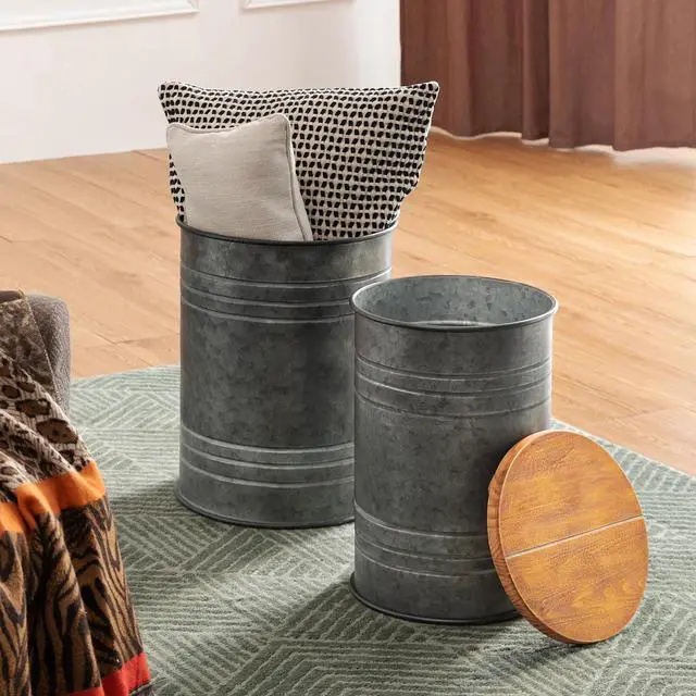 Alt view image 6 of 7 - Glitzhome Rustic End Table Set of 2, Farmhouse Galvanized Metal Barrel Ottoman Storage Stool with Round Wood Lid for Living Room Furniture, Grey