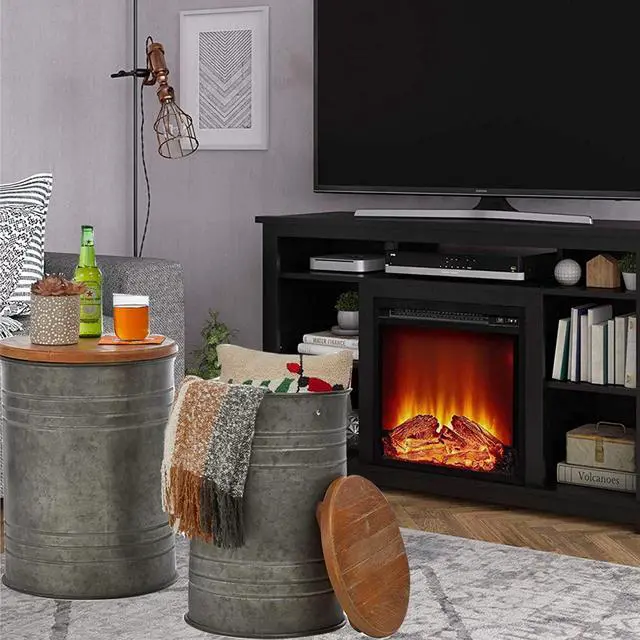 Alt view image 7 of 7 - Glitzhome Rustic End Table Set of 2, Farmhouse Galvanized Metal Barrel Ottoman Storage Stool with Round Wood Lid for Living Room Furniture, Grey